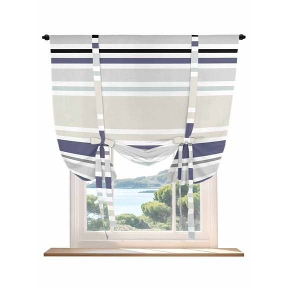 Beige Stripe Tie Up Curtains for Windows 54 Inch Length Balloon Curtains Kitchen Adjustable Balloon Window Shade Modern Abstract Art Navy Blue Striped Rustic Tie Up Bathroom Curtain Window 42"x54"