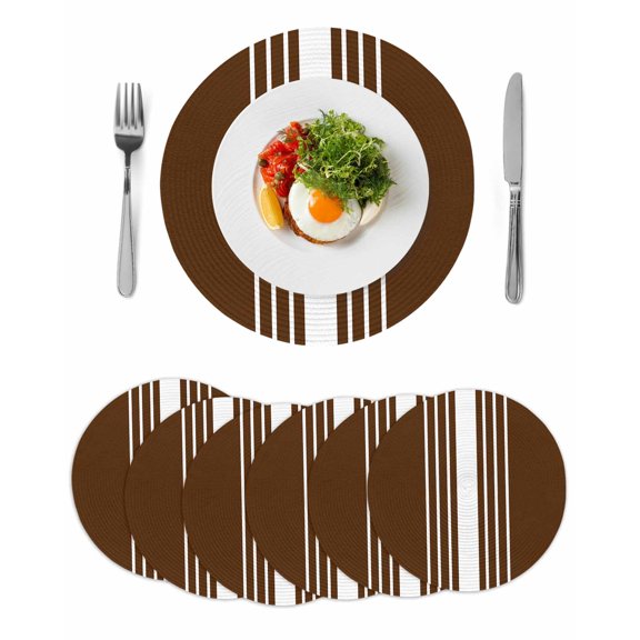 Brown White Stripe Round Placemats Set of 6 for Dinning Tables,Heat-proof Braided Table Mats 15 Inch,Modern Rustic Vertical Striped Washable Place Mat for Kitchen Restaurant Party Decor Table Setting