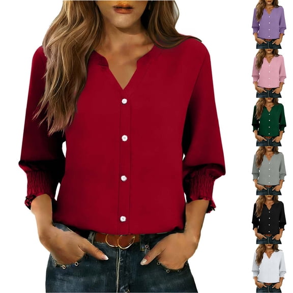 jobturf Womens Tops Dressy Casual Smocked Cuff 3/4 Sleeve V Neck T Shirts Spring Trendy Button Down Shirt Business Office Work Blouses S-XXL