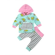 SUNSIOM Baby Girl 2 Piece Set, Stripe Print Hooded Pullover + Floral Trousers