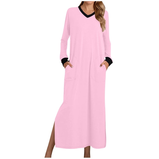 AherBiu Pyjamas pour Femmes à Manches Longues, Chemises de Nuit à Col en V Fendu, Vêtements de Nuit Confortables, Robes Longues avec Poches