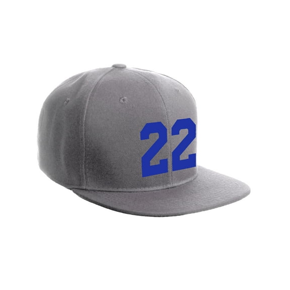 Classic Flat Bill Visor Snapback Hat Custom Color Player Team Numbers, Number 22 Royal, Grey Hat