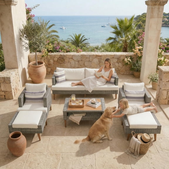 All-Weather 6-Piece PE Rattan Outdoor Sofa Set with Loveseat, 2 Single Sofas, 2 Ottomans and Coffee Table, Wood Legs and Cushions for Patio Garden, Gray and Beige