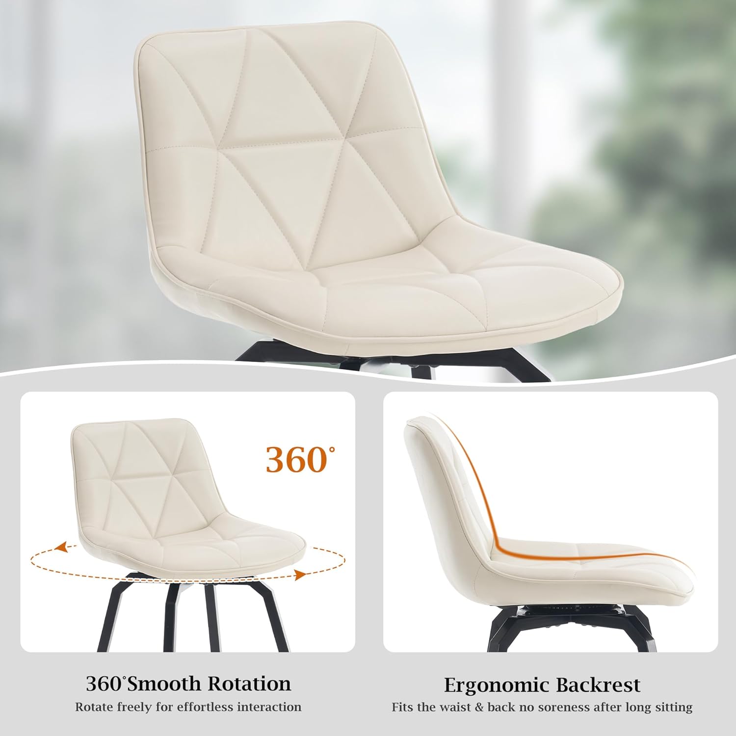 Fancrou 26″ Swivel Counter Height Bar Stools Set Of 4, Triangular Pattern Faux Leather Seat With Metal Legs And Back, White