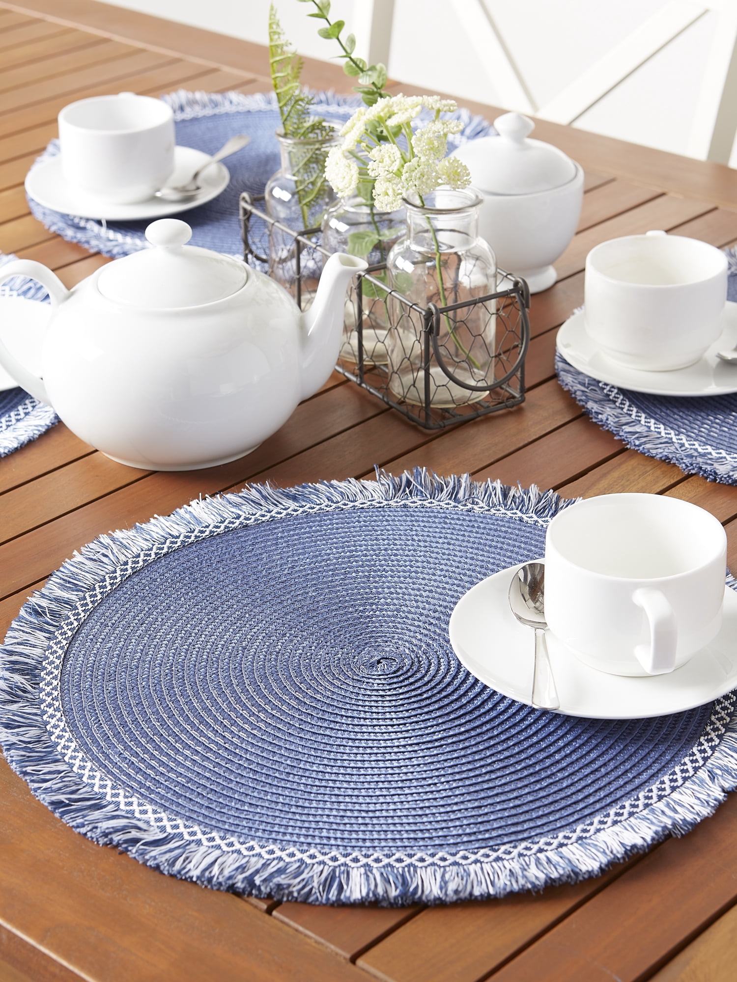 DII Nautical Blue Round Fringed Placemat Set/6