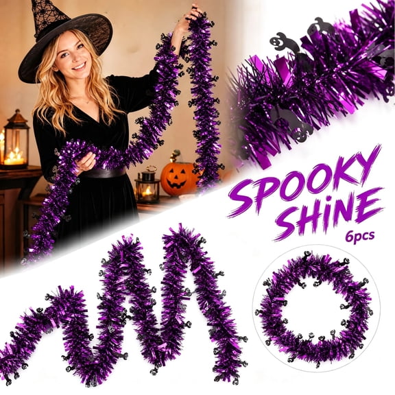 Halloween Garland Purple Tinsel Shiny Thick Metallic Twist Tinsel with Ghost Cutouts Ceiling Hanging Decor for Halloween Party Indoor Outdoor Home Mantle Door Frame Decor Supplies 79inch 6pcs