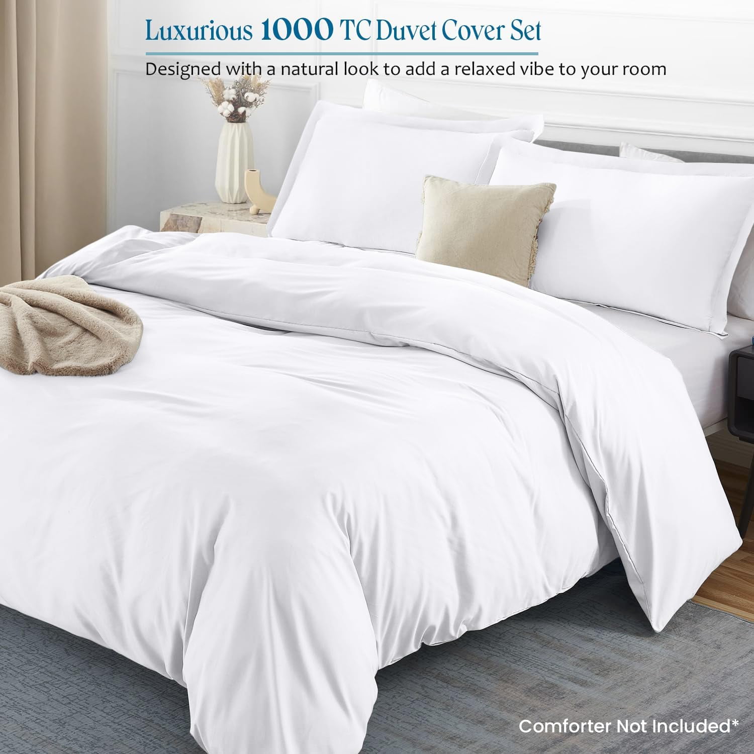 VEGAS HOTEL COLLECTION Classic Egyptian Cotton 1-Piece Duvet Cover { Zippered Closure } 1000 Thread Count- Fabulous Solid Looking Color White - King Size