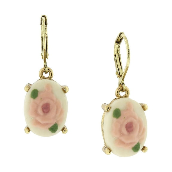 1928 Jewelry Pink And Ivory Porcelain Rose Cameo Drop Earrings