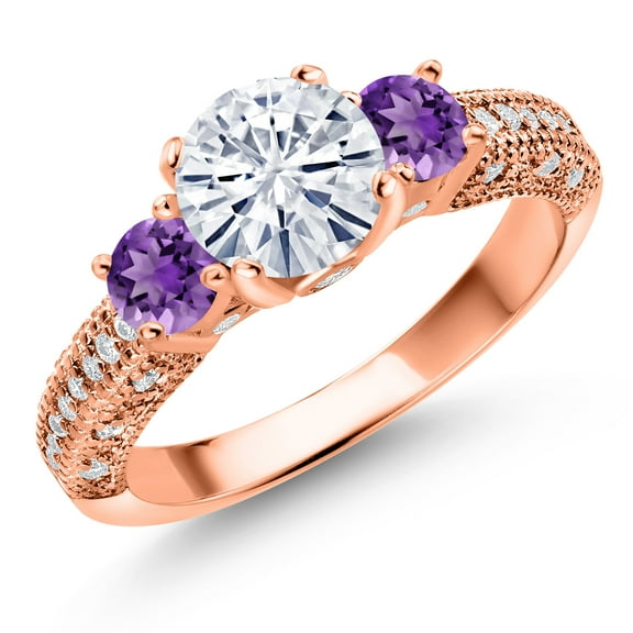 Gem Stone King 18K Rose Gold Plated Silver White Moissanite and Purple Amethyst Engagement Ring for Women (1.78 Cttw, Gemstone, Round 7MM and 4MM, Size 9)