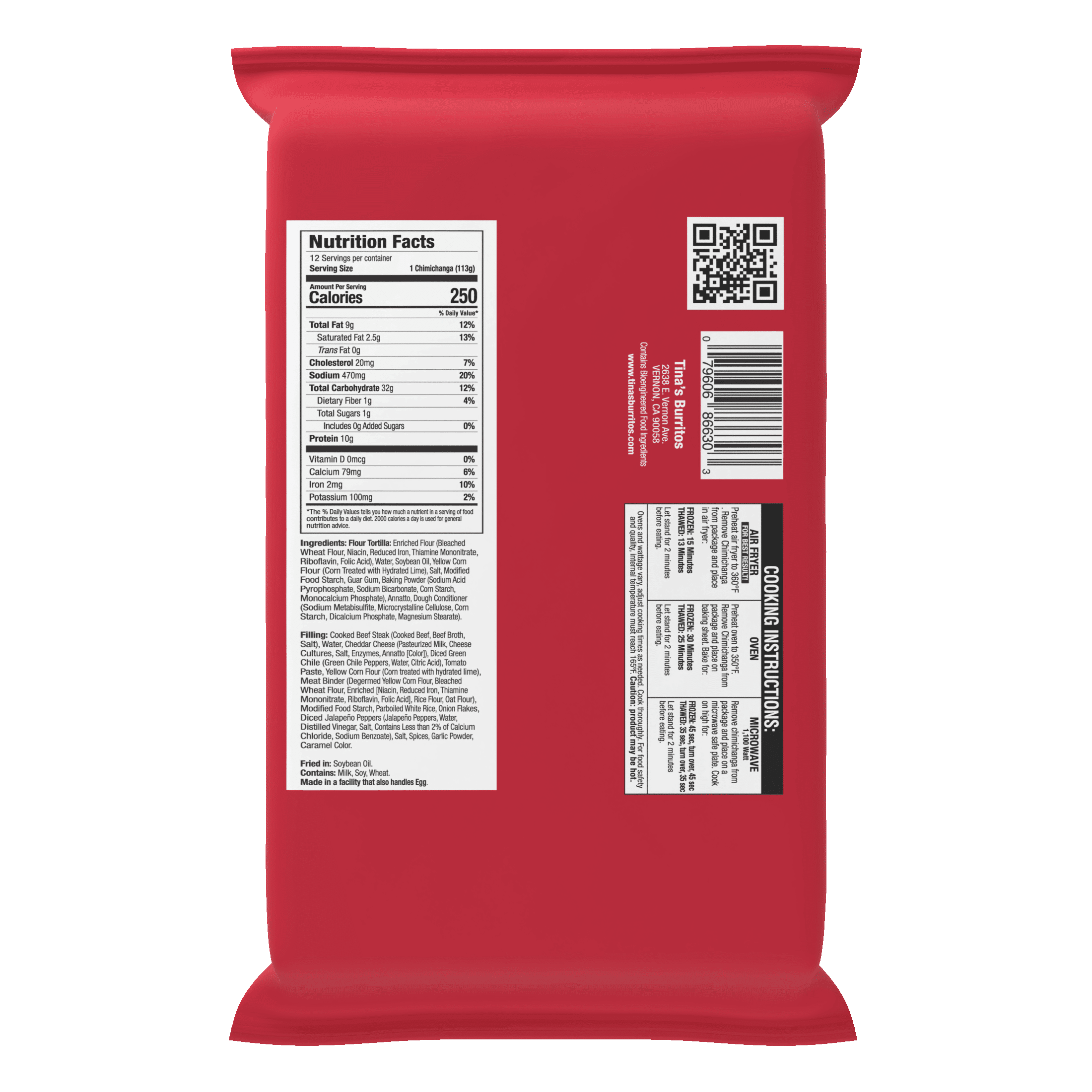 Tina’s Steak & Cheddar Cheese Chimichangas, 10g Protein, 48 oz, 12 Count (Frozen)