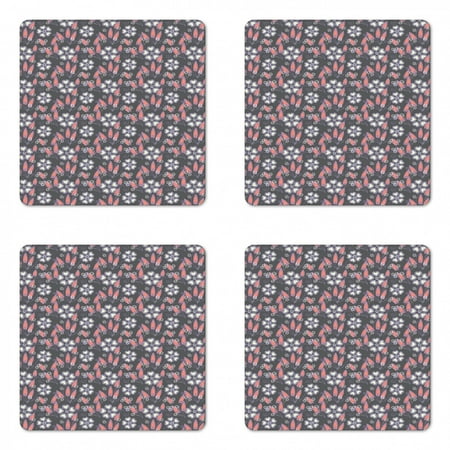 

Geometric Coaster Set of 4 Floral Themed Ornamental Heart Shapes Square Hardboard Gloss Coasters Standard Size Grey Coral Lilac by Ambesonne