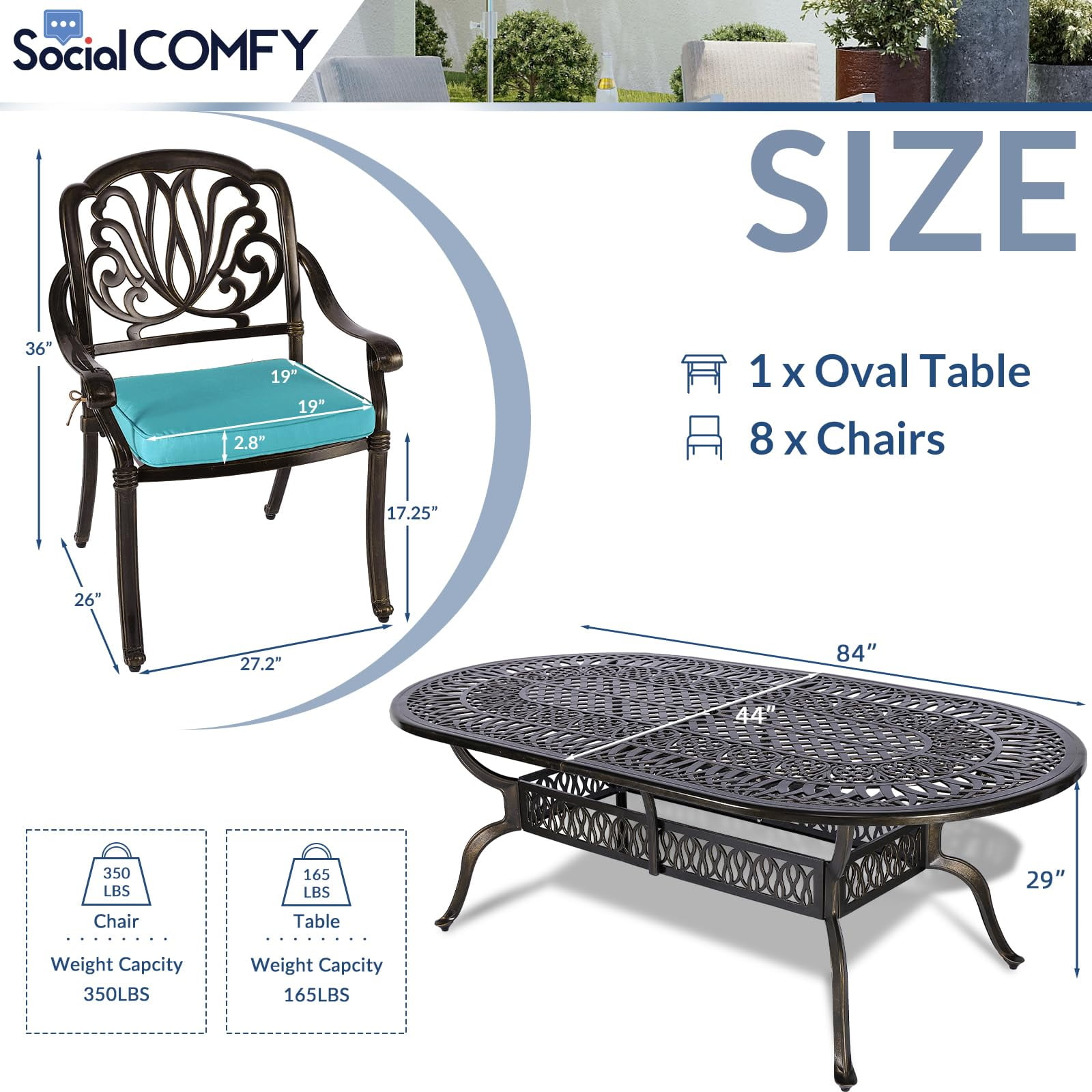 9-Piece Patio Cast Aluminum Dining Set, Outdoor Dining Furniture Set for 8 Person, Includes 84" Oval Table and 8 Cushioned Chairs with Umbrella Hole for Patio Deck Garden, Ocean Blue