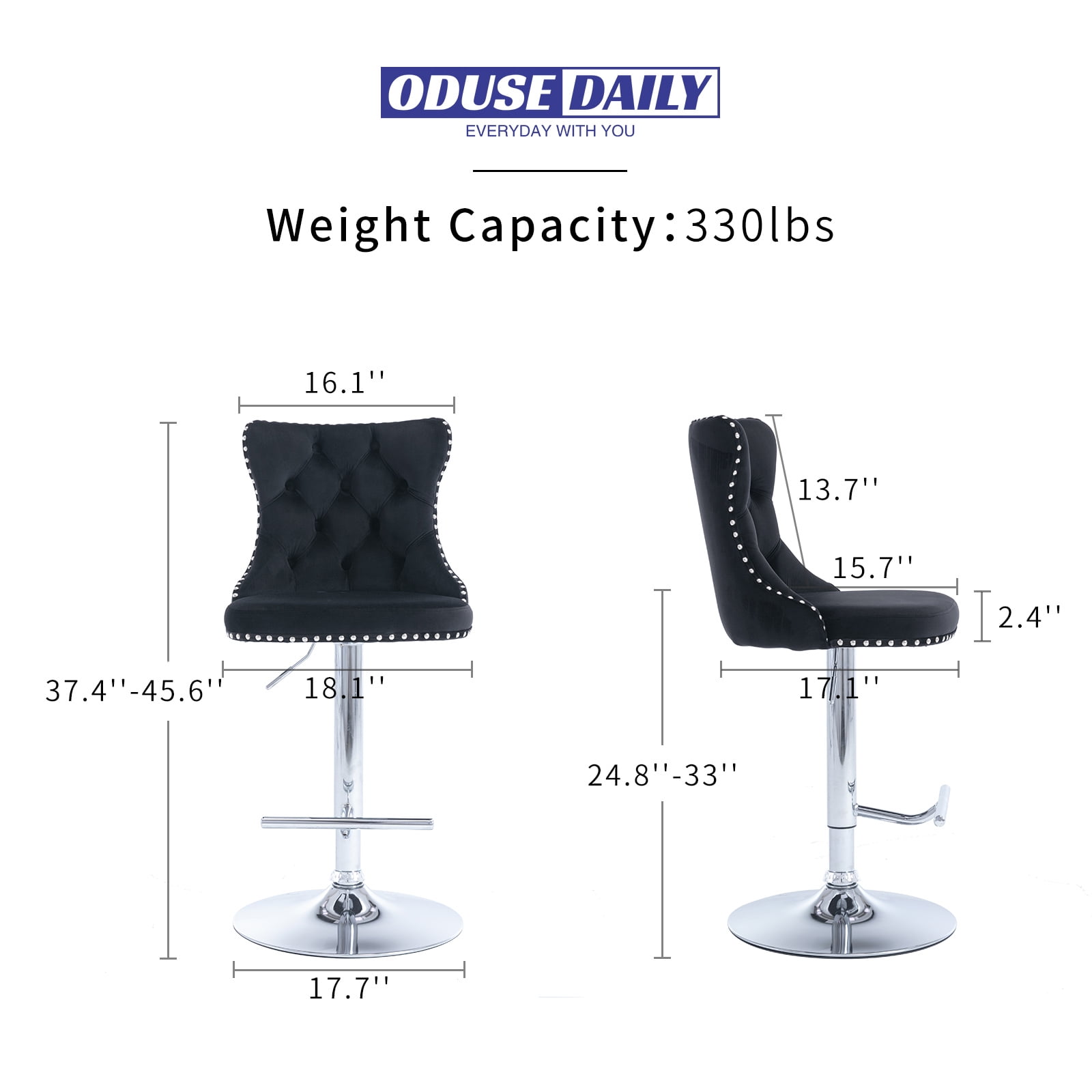 ODUSE-DAILY Black Velvet Bar Stools Set of 2 - Adjustable Swivel Counter Height Chairs with Tufted Back and Nailhead Trim for Kitchen Island Pub Restaurant (2Pcs, Chrome Metal, Black)