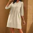 thumbnail image 3 of qucoqpe Womens Summer V Neck 3/4 Sleeve Dress Fashion Casual Loose Tie Sun Dress Ruffle Pleated Mini Dress with Pockets, 3 of 8