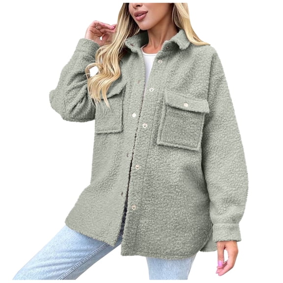 XFLWAM Womens Fall Winter Shacket Sherpa Fleece Jacket Button Down Shirt Jacket Long Sleeve Shacket with Pockets Lapel Coat Green L