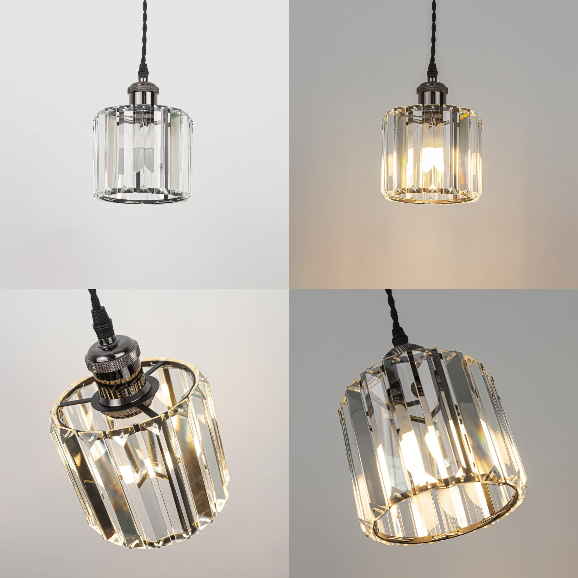 Kiven Plug in Pendant Light,Crystal Hanging Light, Dimmable Hanging Light Fixture with 15FT Plug-in Cord Adjustable Height for Bedroom Hallway Kitchen Island, Pearl Black Finish