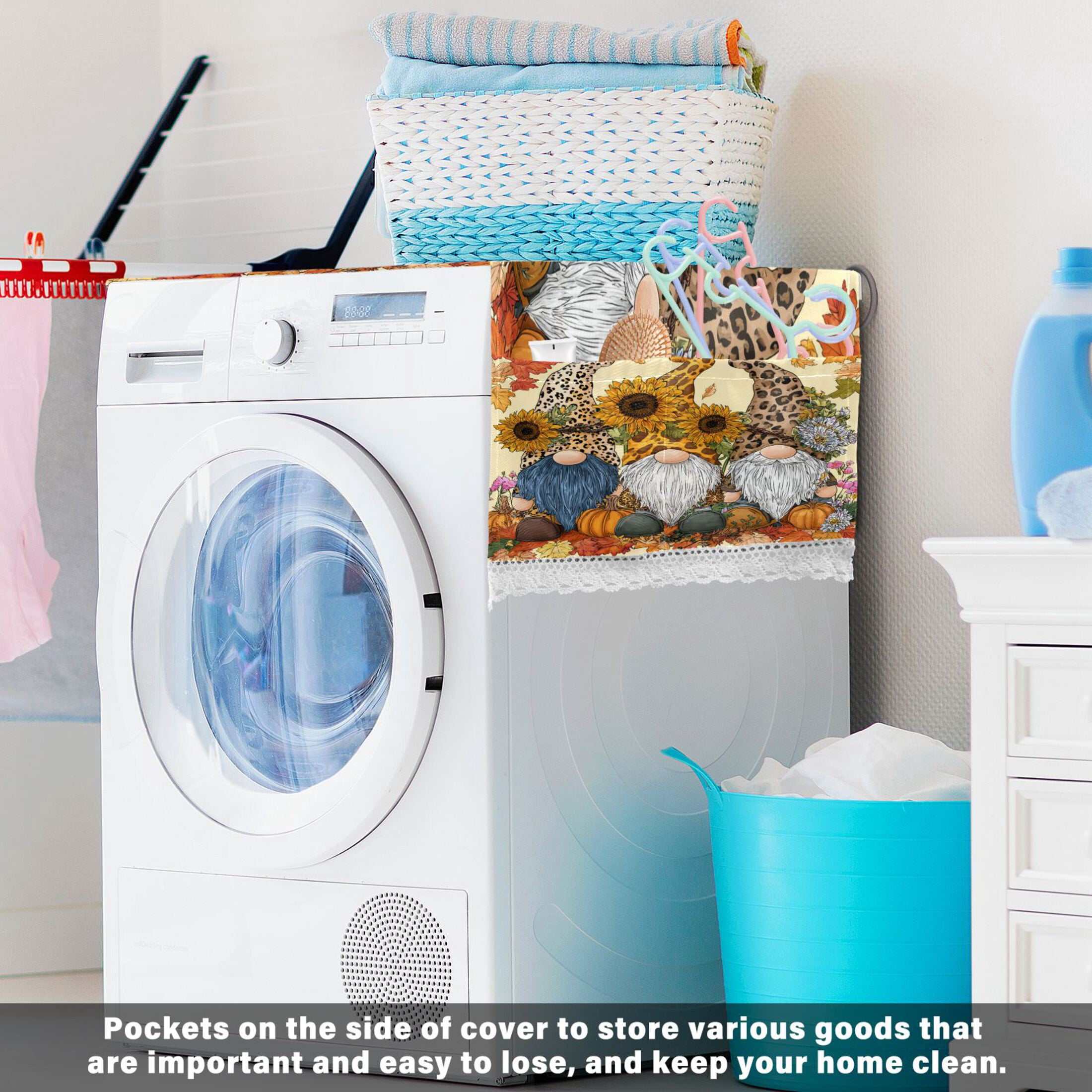 Wobogo Cute Leopard Skin Gnomes Washing Machine Cover Dustproof Washer Dryer Cover Waterproof Laundry Room Decorative Protector