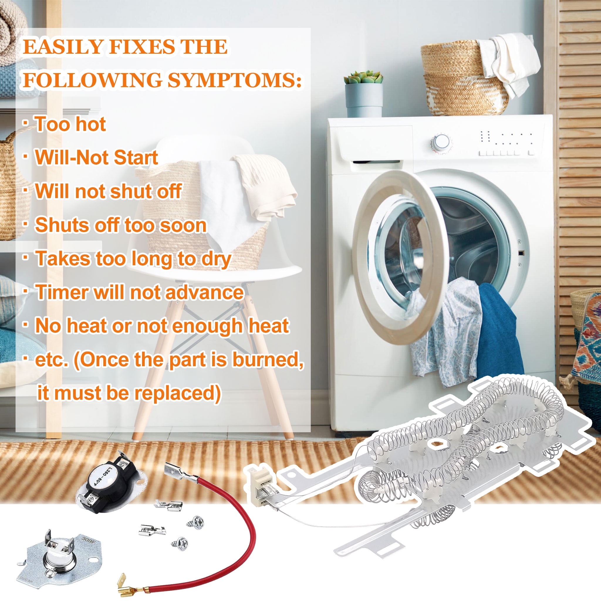 Beaquicy Dryer Heating Element & Thermal Cut-Off Kit for Whirlpool Dryers