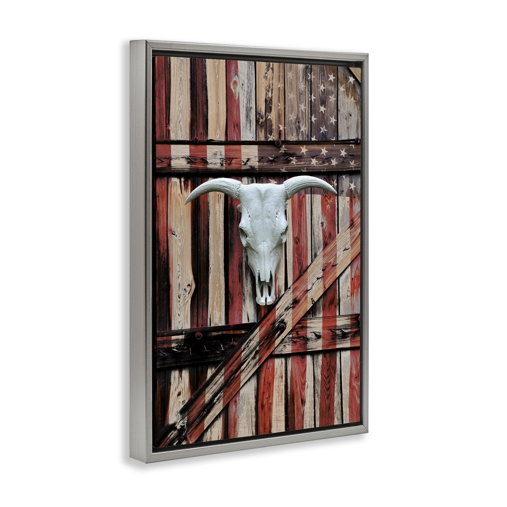 Stupell Industries Patriotic Cow Skull Transportation Painting Gray Floater Framed Art Print Wall Art, 21 x 31