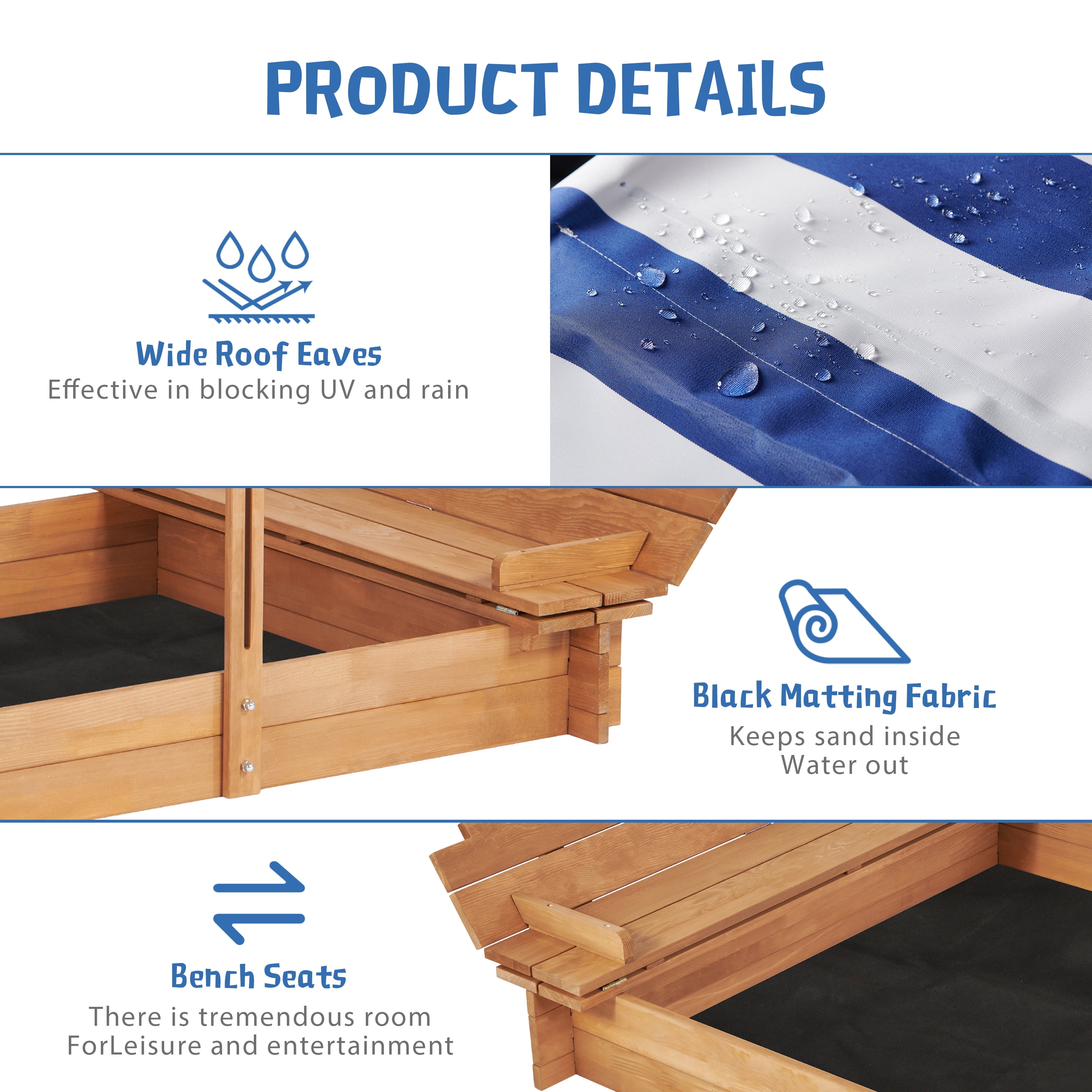 Kids Sandbox with Adjustable Canopy, 46'' Wooden Sand Box with 2 Foldable Bench Seats, Outdoor Cedar Sandpit for Backyard Play