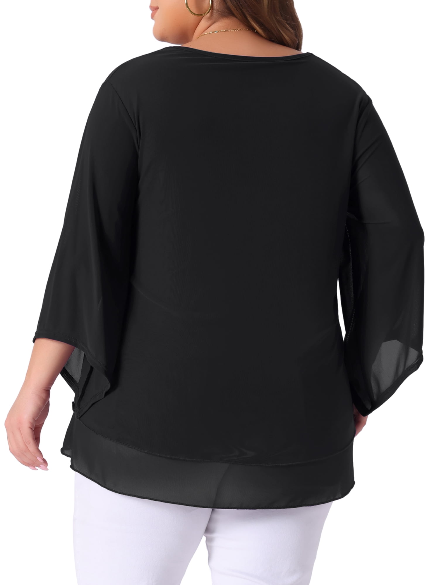 Women's Plus Shirt 3/4 Sleeve Scoop Neck Double Layers Blouse Top 1X Black