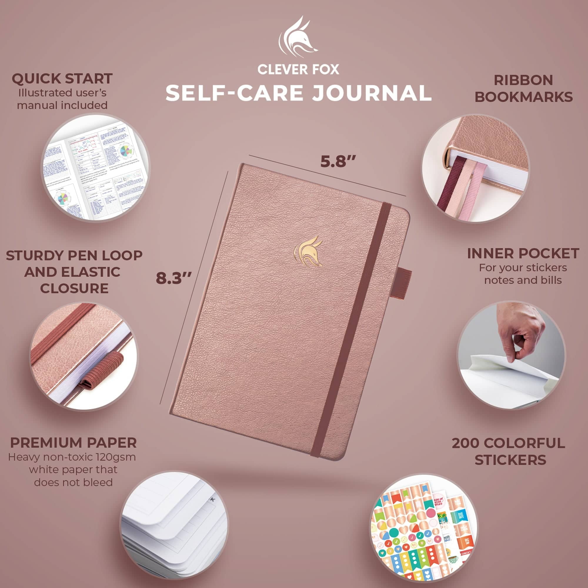Clever Fox Self-Care Journal, Blank Diaries & Journals, Rose Gold, 5.8in x 8.3in, 90 Pages