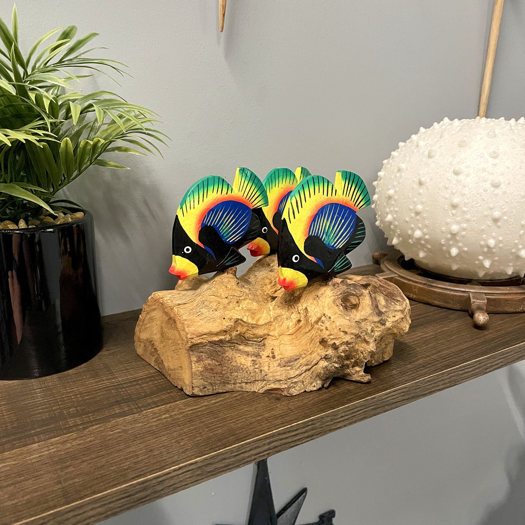 Chesapeake Bay Ltd Handcrafted Driftwood & 3 Tropical Fish Sculpture Coastal Nautical Table Decor