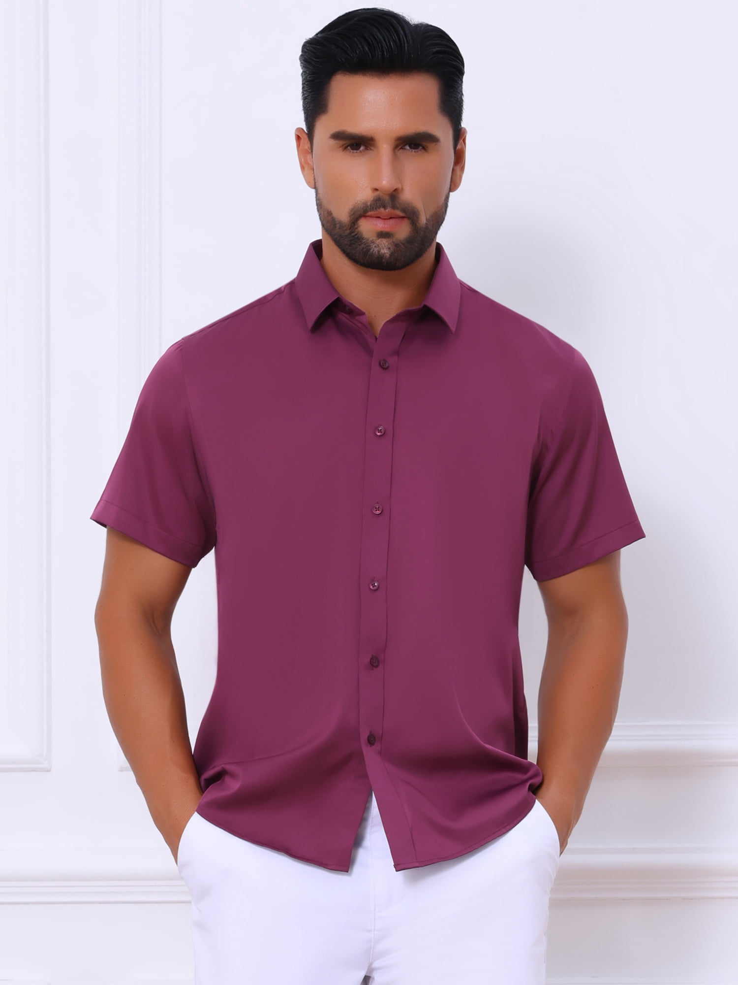 Unique Bargains Men's Short Sleeve Lightweight Business Button Down Shirt L Burgundy