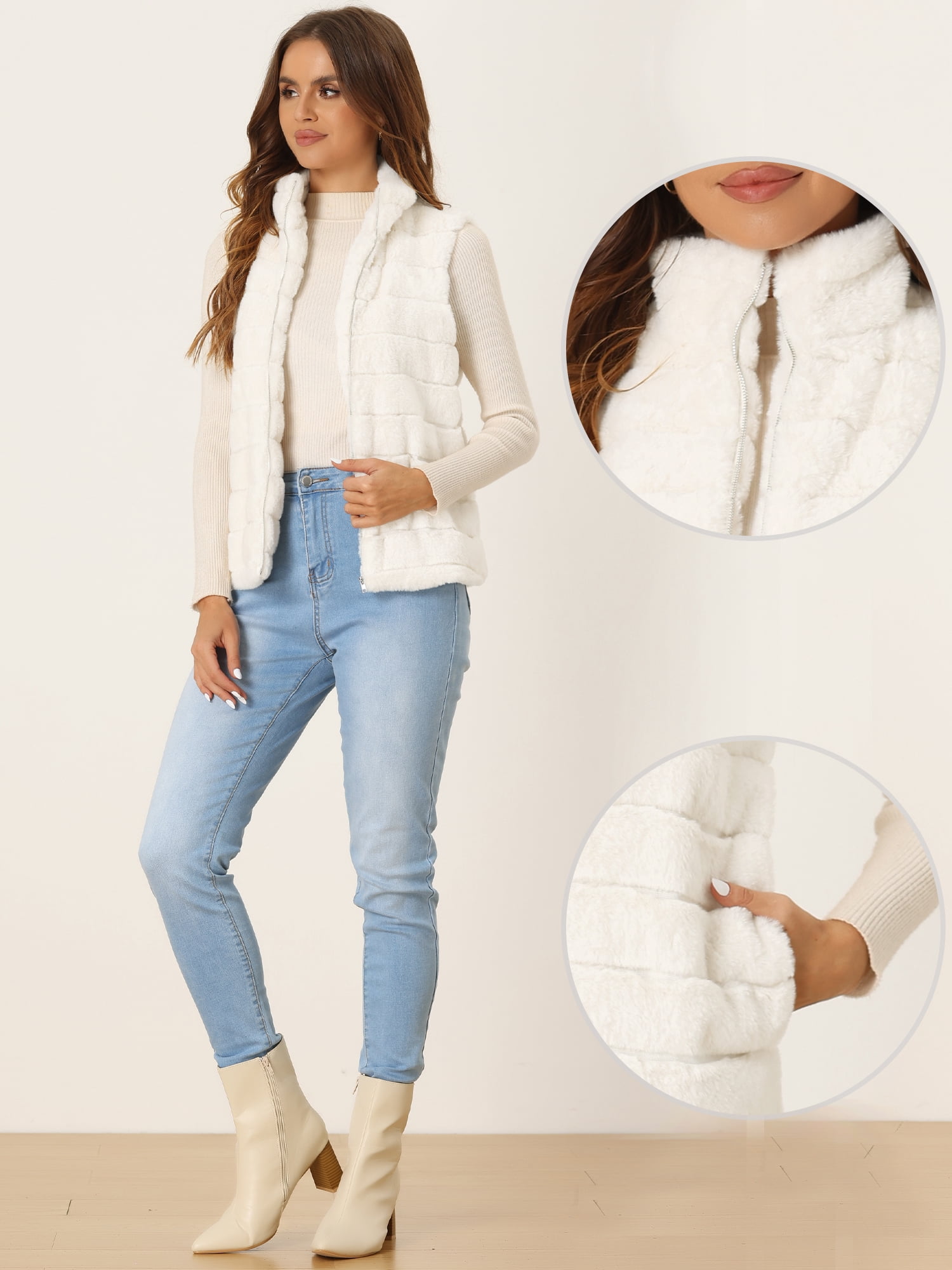 DARING DIVA Women's Stand Collar Fluffy Vest Faux Fur Sleeveless Coat XL White
