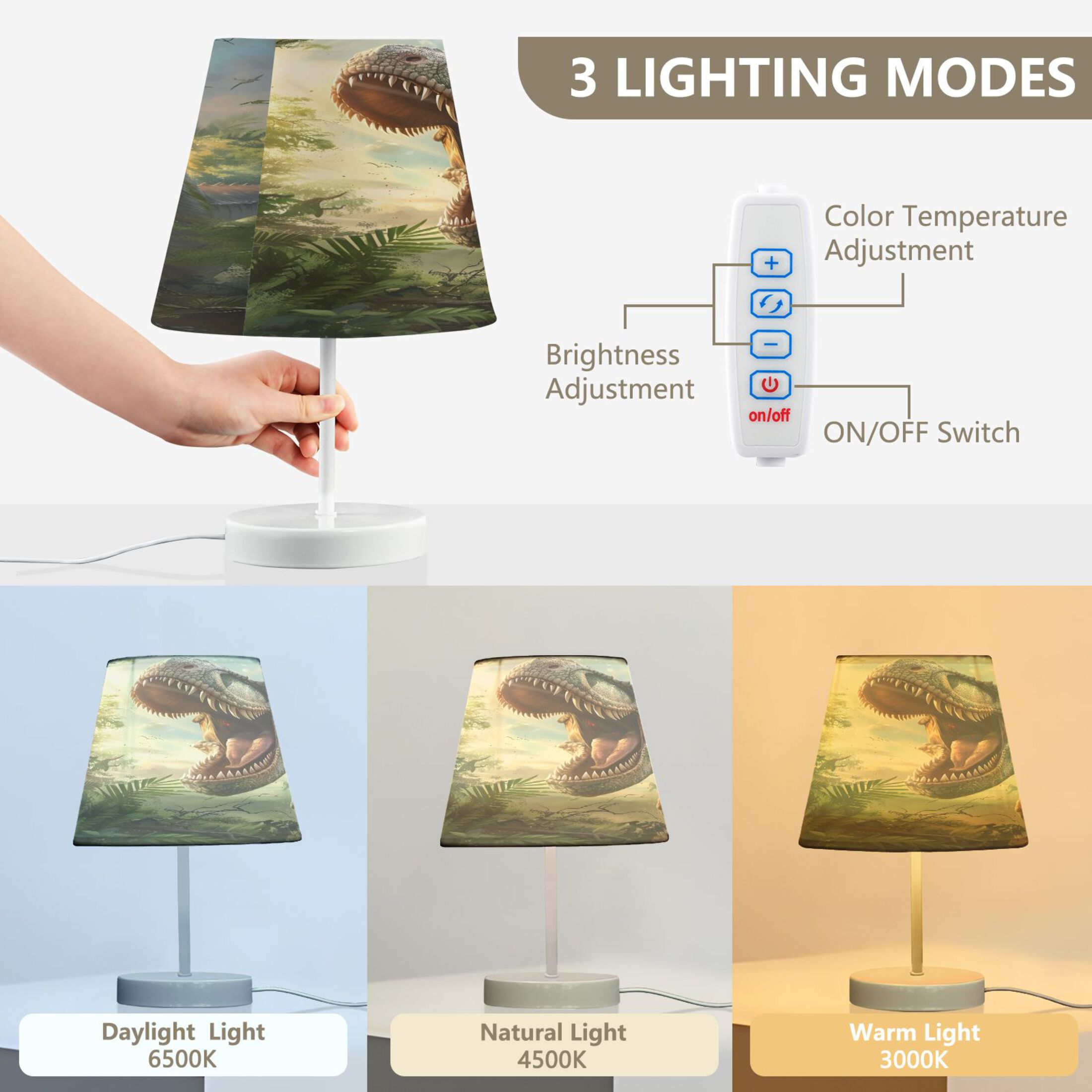 Dinosaur Roar Desk Lamp LED Table Nightstand Lamps with 3 Color Temperatures for Home Bedroom Living Room Decor 8x12