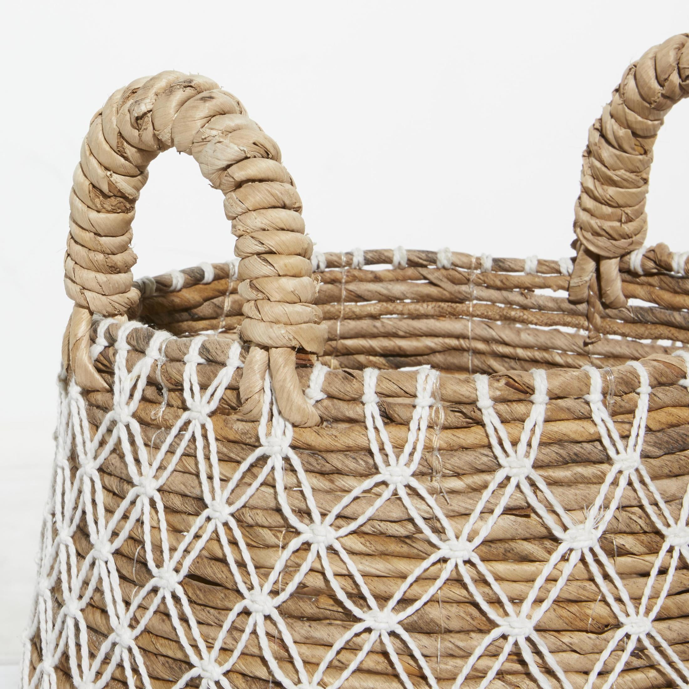 DecMode 19", 17"H Brown Banana Leaf Handmade String Detail Storage Basket with Handles, 2-Pieces