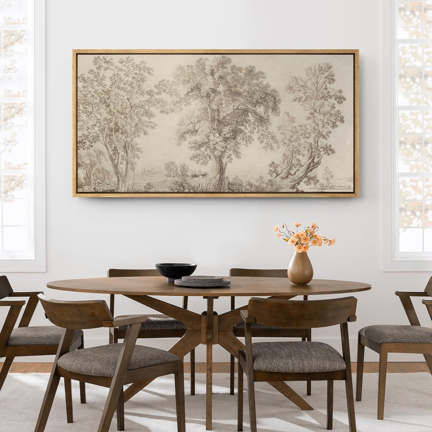 IDEA4WALL Extra Large Framed Canvas Print Wall Art intage Arboreal Trees in an Etching Artwork Nature Wilderness Antique Retro Fine Art Decorative Relax/Calm for Home Decoration - 60"x30"