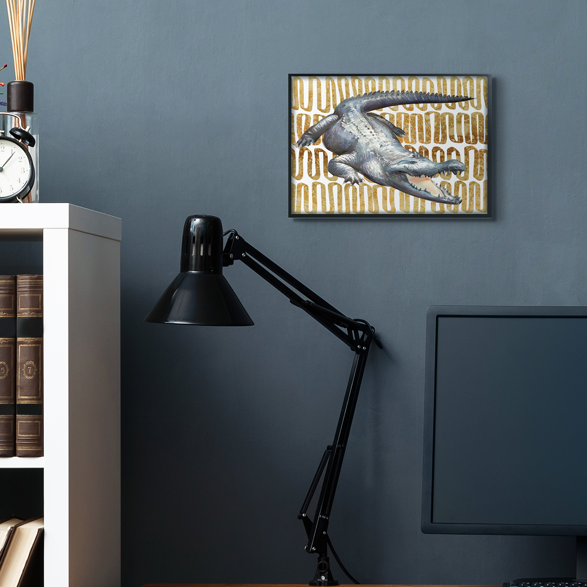 Intimidating Alligator Over Abstract 14 in x 11 in Framed Painting Art Prints, by Stupell Home Décor