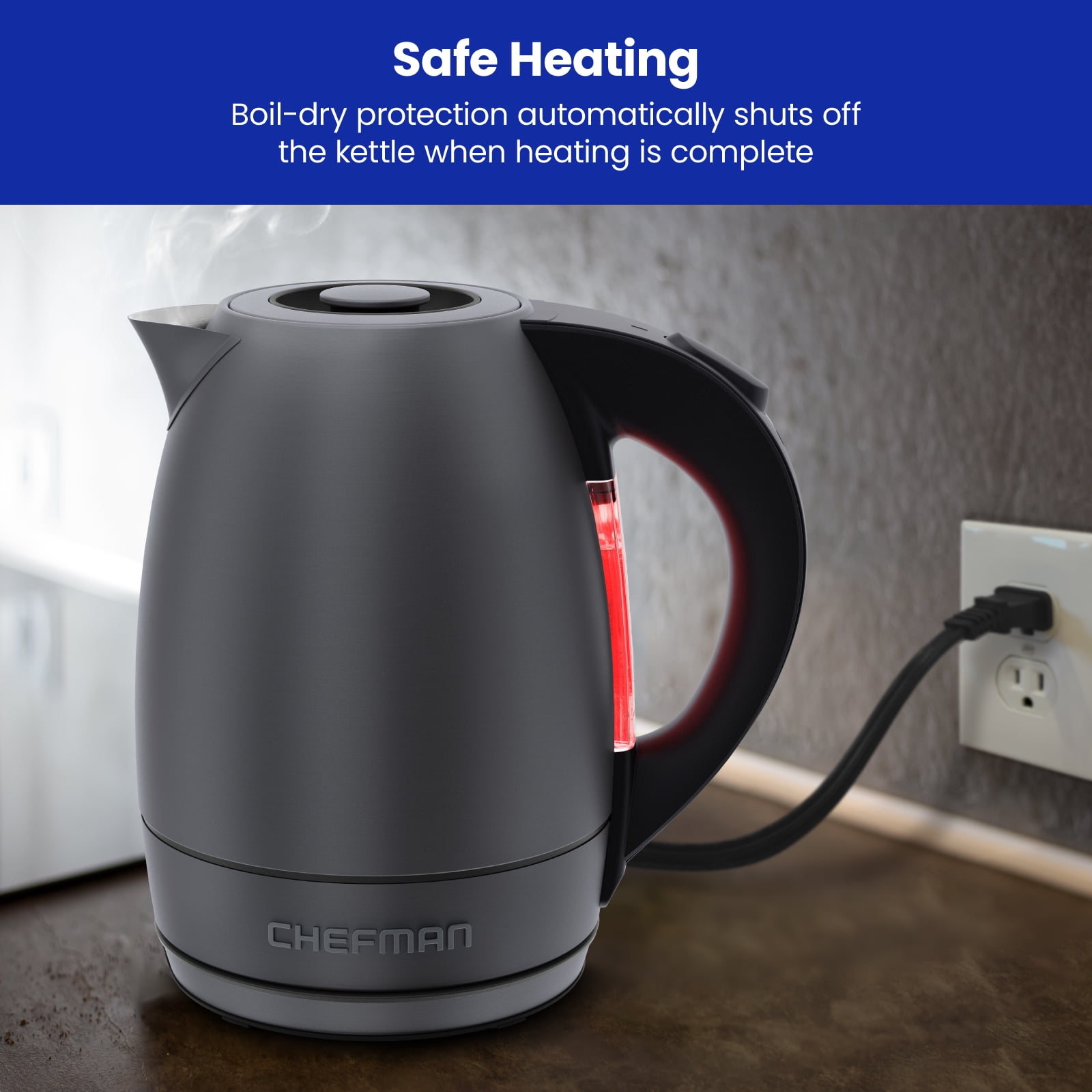Chefman 1.7L Electric Kettle w/ Automatic Shutoff, LED Lights - Grey Stainless Steel, New