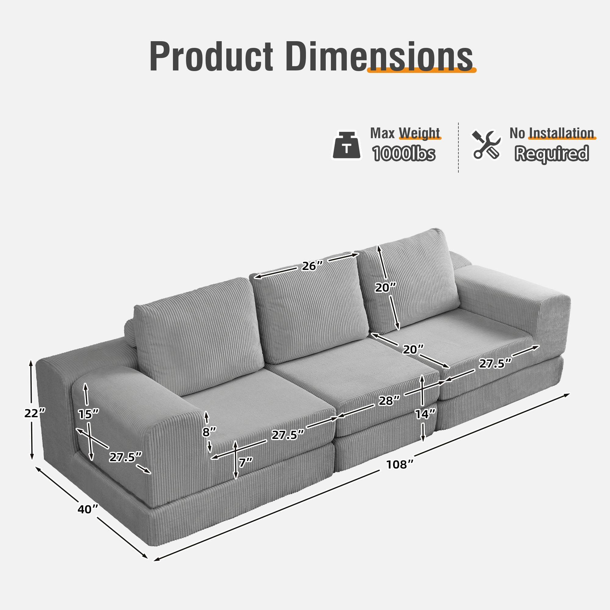 MOONMISS 108" Corduroy Upholstered Modular Oversized 3-Seater Convertible Comfy Compressed Sofa-Gray