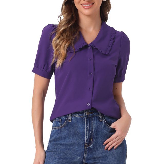 BLUSA CHIC para Mujeres con Cuello Peter Pan, Manga Corta Abullonada, Camisa Retro L Color Púrpura Oscuro