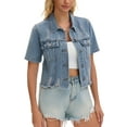 thumbnail image 2 of INSPIRE CHIC Short Sleeve Denim Jacket Button Up Ripped Frayed Cropped Jean Jacket S Gray Blue, 2 of 6