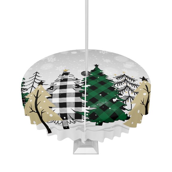 Fsddascl Christmas Tree Outdoor Tablecloth - 54 Inch Round Dining Table Cover, Merry Christmas Grey Xmas Tree Winter Snowflake Waterproof Outdoor Table Cloth with Umbrella Hole & Zipper for Patio