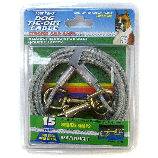 Four Paws Dog Tie Out Cable Heavy Weight Black 15' Long Cable Pack