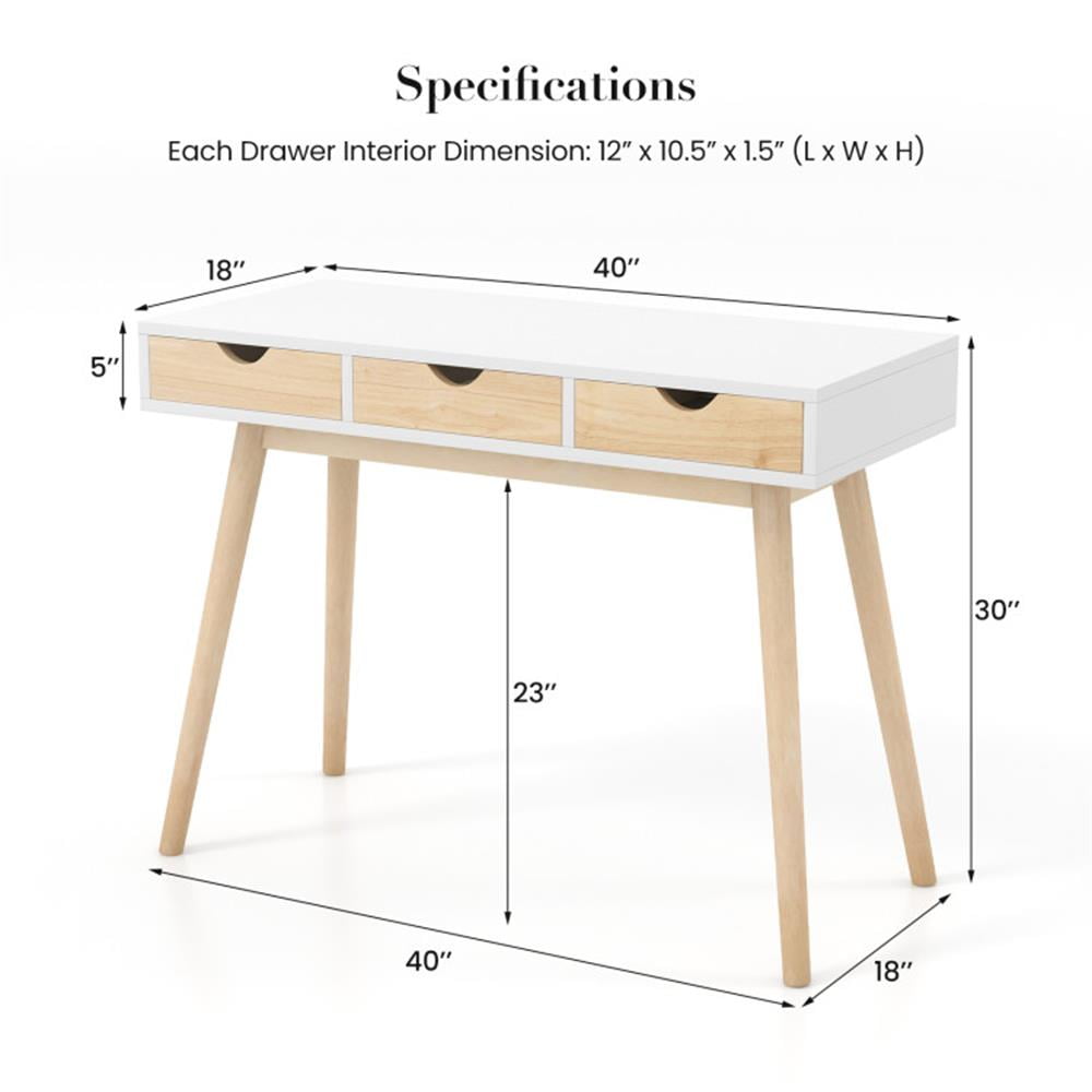 Demi Bonn Computer Desk with 3 Drawers and Solid Rubber Wood Legs for Home Office Desk Study Writing Table, White