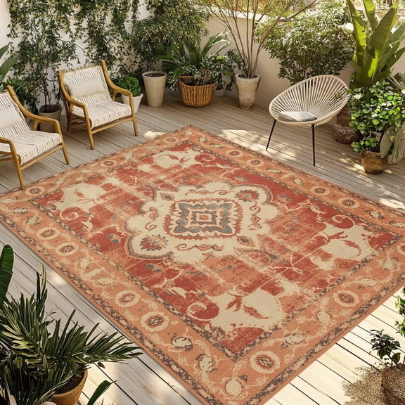 Orange Boho Outdoor Rug 4x6 Ft - Reversible Patio Rug Outdoor Camping Rugs, Geometric Antique Tribal Retro Ethnic Washable Indoor Outdoor Area Rugs, Non-Slip Outdoor Carpet Runner for Deck/Porch