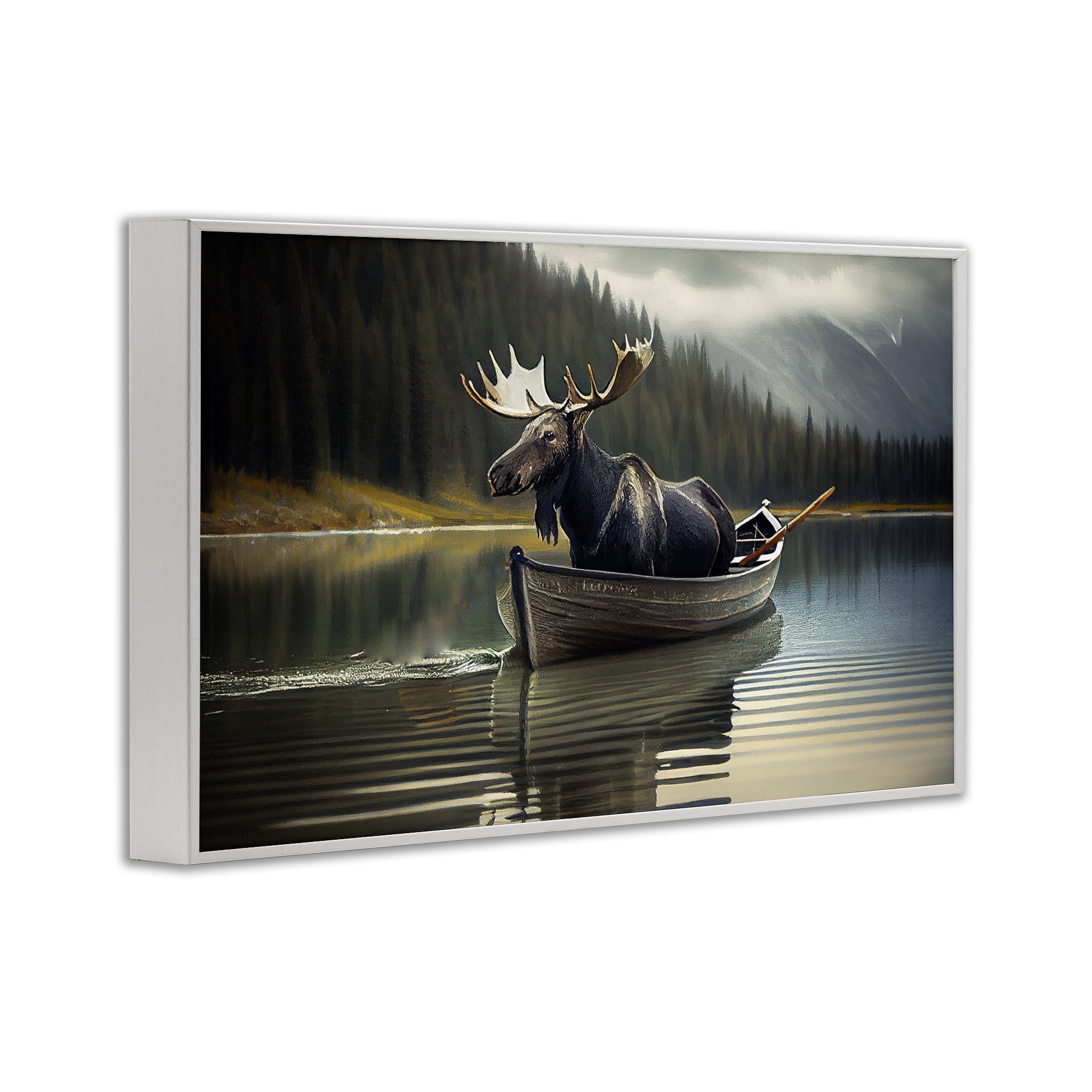 Moose in Canoe Tranquility White Framed Giclee Art, design by Sasha