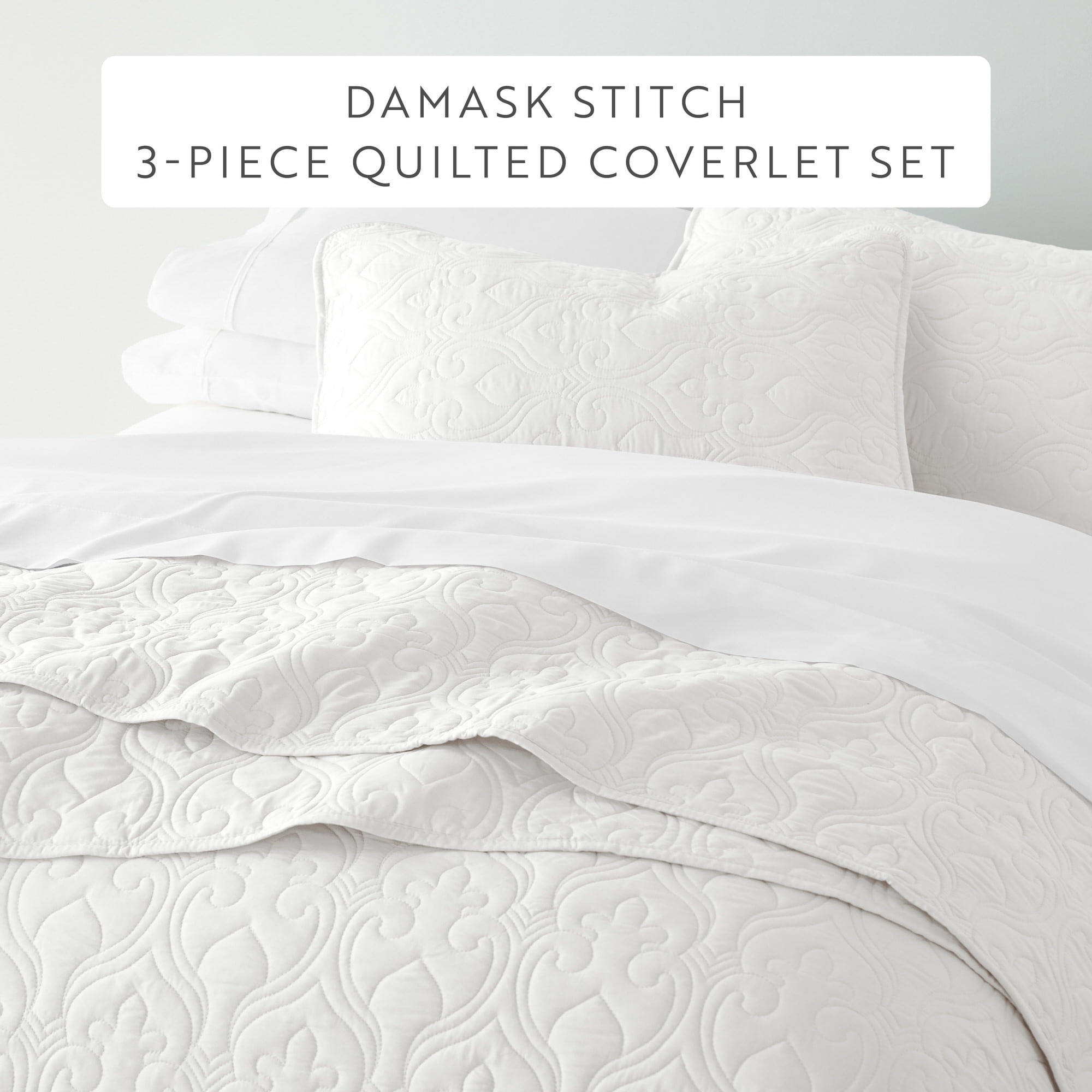 Noble Linens White Damask Pattern Quilted Coverlet Set, Full/Queen
