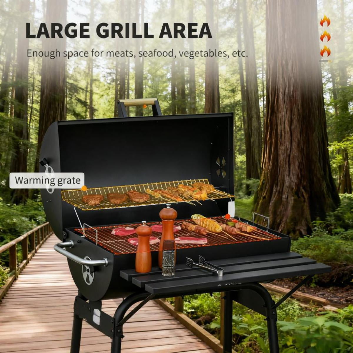 30 Inch Portable Charcoal Barbecue Grill with Wheels 2 Level Cooking Grates Adjustable Charcoal Tray and Storage Shelves for Outdoor Camping Patio Backyard