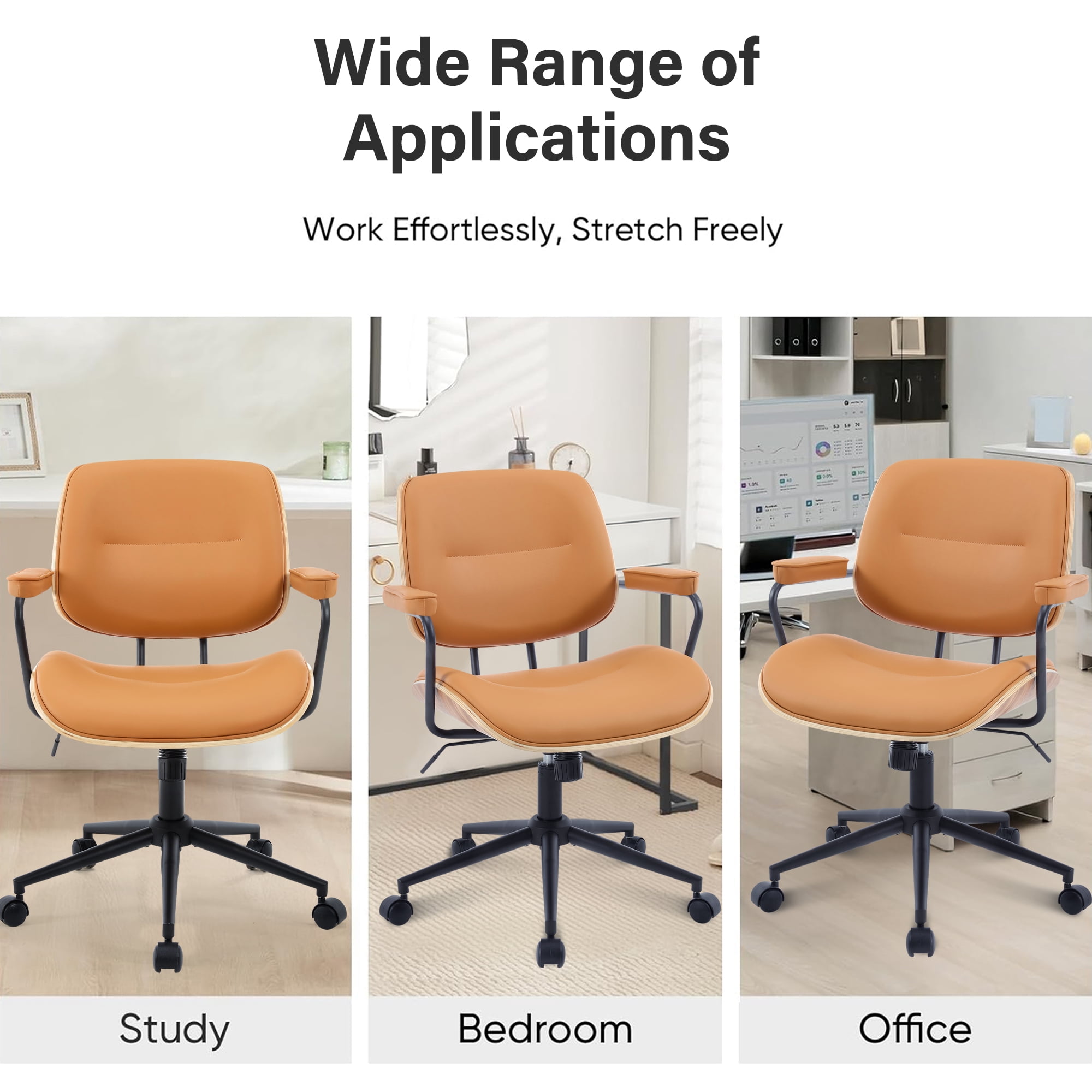 Mid Century Modern Home Office Chair, Adjustable Height Desk Chair with Wheel & Walnut Back, Swivel Rolling Task Chair for Home, Office, Reading Room, Orange