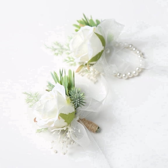 Youersen Ivory Rose Wrist Corsage & Boutonniere Set, Wedding Flower Wristlet for Bride & Groom, Prom Corsage Bracelet