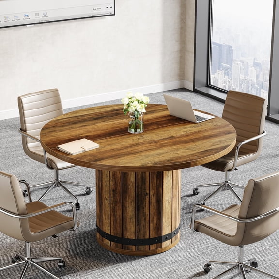 Tribesigns Round Conference Table, Farmhouse 39.37-Inch Conference Table with Fence Pedestal Base for Office Conference Room (Chairs Not Included)