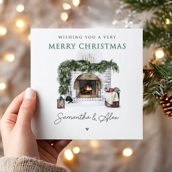 Personalized Merry Christmas Card – Cozy Fireplace Design – Customizable Names – Perfect Holiday Greeting Card with Envelope Included