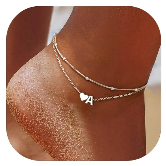 ChicSilver 925 Sterling Silver Initial Anklets for Women, Ankle Bracelets Hypoallergenic, Dainty Layered Heart Anklet With Initials 8.7-10.7 Inch Adjustable