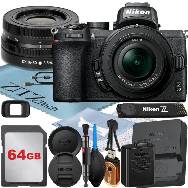 Nikon Z50 Mirrorless Camera with NIKKOR Z DX 16-50mm VR Zoom Lens + 64GB Memory Card + ZeeTech Accessory Bundle